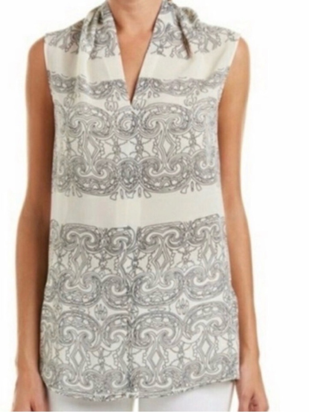 CAbi Scrollwork Top #3091 Beautiful Cream Sleeveless Blouse Black Scroll Motif